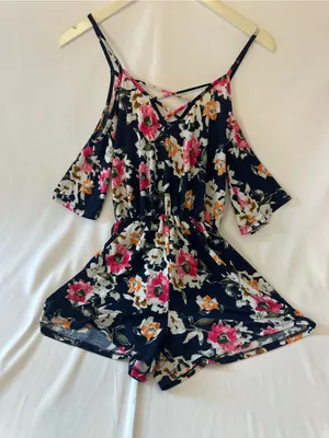 Pink Lily Navy Floral Cold-Shoulder Romper with Crisscross Straps thumbnail 1