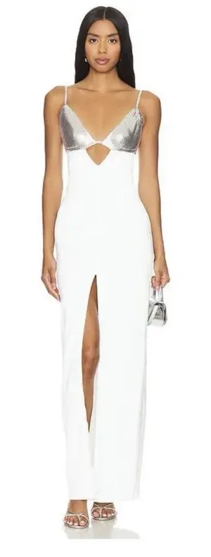NBD Heera Gown Ivory White Chainmail Silver Metallic Cut Out Maxi Dress Size S thumbnail 1