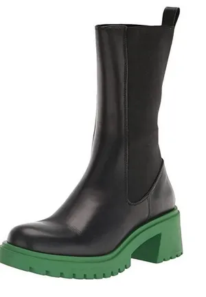 STEVE MADDEN Leather Chelsea Midi Boot Size 6 Black Platform Lug Sole Block Heel thumbnail 1