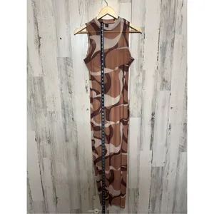 SheIn Brown Abstract Print Mesh Maxi Dress Sleeveless Bodycon Stretch Midi Long Dress thumbnail 7