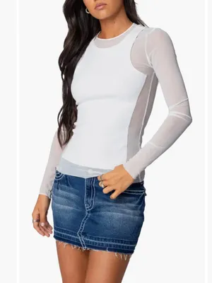 Edikted White Layered Mesh Sheer Ribbed Long Sleeve Top Small thumbnail 3