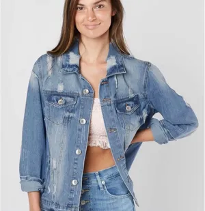 Ci Sono Blue Medium Wash Distressed Boyfriend Oversized Denim Jacket Size M thumbnail 1