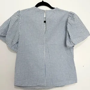Zara striped blue blouse with lace floral cutout details mesh pin stripe size XS thumbnail 4