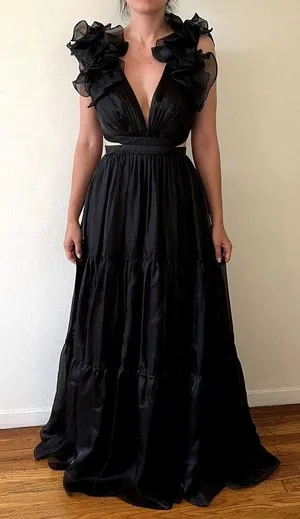 Mac Duggal Plunge Neck Cutout Empire Waist Organza Gown Maxi Dress size 2 C0 thumbnail 1