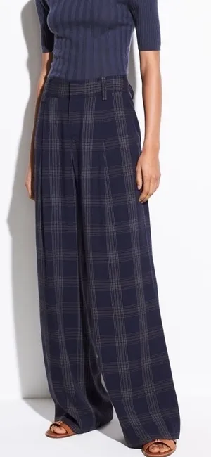VINCE Plaid Wide Leg Pants in Marine thumbnail 1