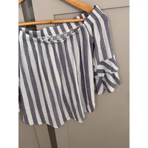Moa Moa‎ Womens Off The Shoulder Striped Ruffle Sleeve Blouse Navy White Small thumbnail 3