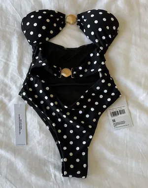 Princess Polly Black one piece swimsuit with White Polka Dots and gold sea shell thumbnail 1