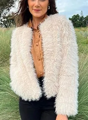 Cream Beige Fluffy Shaggy Open Front Faux Fur Cropped Jacket S thumbnail 1
