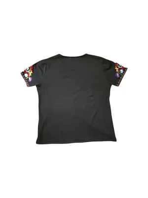 Mexican Embroidered Peasant Blouse Black Floral LG thumbnail 2