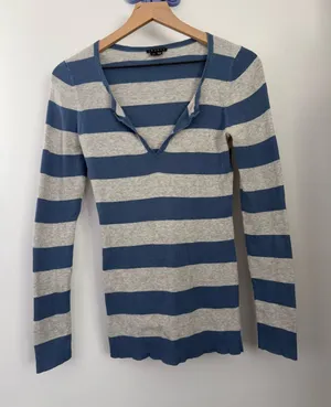 Theory Large Blue Grey Stripe Long Sleeve V Neck Grunge Fitted Skater 2000s thumbnail 1
