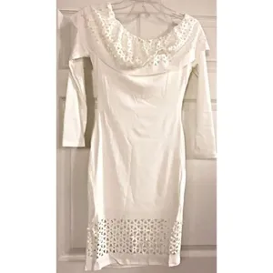 White Laser Cutout Off The Shoulder Ruffle Dress thumbnail 4