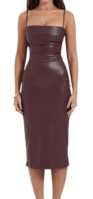 HOUSE OF CB Jalena Wine Jalena Lace-Up Back Faux Leather Cocktail Dress XS NYE thumbnail 1
