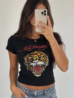Ed Hardy Black Crop Tee with Multicolor Tiger Graphic thumbnail 1