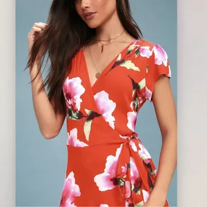 NWT Lulus Have Love Will Travel Coral Red Floral Gauze‎ Wrap Midi Dress Size XL thumbnail 2