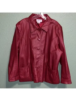 Vintage red leather jacket 80s 90s plus size leather coat button dressy thumbnail 2