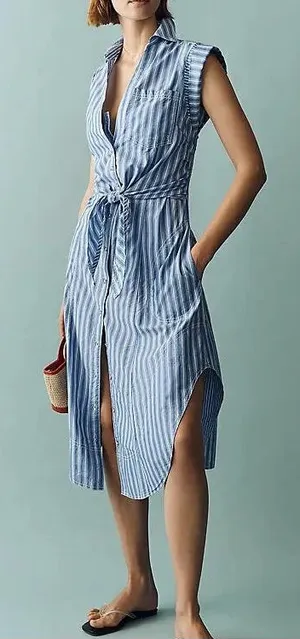 Anthropologie Pilcro Striped Sleeveless Wrap Shirt Dress Button Down XS Blue thumbnail 1