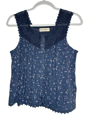 Lucky Brand Blue‎ Floral Sleeveless Button Down Mesh Yoke Top XS Relaxed Fit thumbnail 1