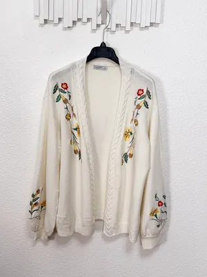 Miss Sparkling Ivory Floral Embroidered Open Front Cardigan Cable Knit Sweater thumbnail 2