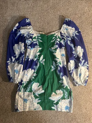 Farm Rio Soft Linen Green & Blue Floral Long-Sleeve Mini Dress thumbnail 4