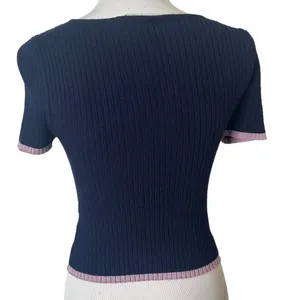Ribbed Knit Cropped Baby Tee‎ Ruffle Edge Top S Navy Blue Pastel Stretch Indie thumbnail 4