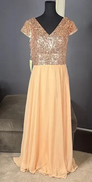 Women’s Full Length Prom Formal Dress Sequined V-Neck Bodice SideZip Size 12 NEW thumbnail 1