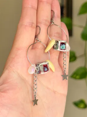 Handmade funky boho retro unique hoop dangle earrings🩵 thumbnail 6