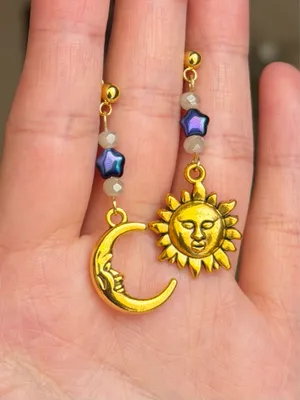 Handmade gold tone moon & sun boho fairly retro hippie dangle earrings 🌞🌙✨ 🍃 thumbnail 3