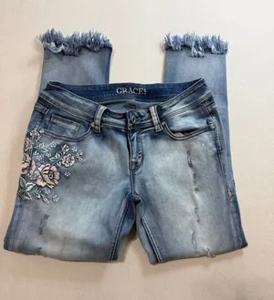 Grace Light Blue Cropped Embroidered Frayed Hem Jeans thumbnail 1