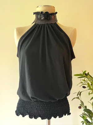 Y2K vintage Black Halter Neck Sequin neck Top Size M thumbnail 2