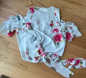Astr the Label Off Shoulder Light Blue Floral Ruffle Wrap Tie Blouse Top Small thumbnail 1