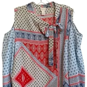 Chicos Cold Shoulder‎ Tie Neck Patchwork Blouse Red White Blue Size 2 Large thumbnail 8