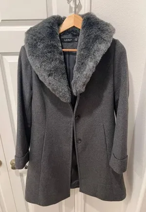 Lauren Ralph Lauren Women’s Faux- Fur Trim Grey Walker Coat thumbnail 1