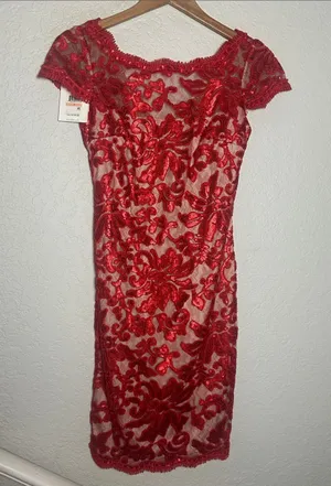 NEW Calvin Klein Red Embroidered Lace Sequin Cocktail Dress Evening Holiday Fall thumbnail 1