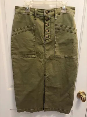 Anthropologie Green Khaki Utility Midi Skirt Button Front Cargo Pockets Size 4 thumbnail 1