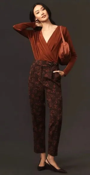 Anthropologie MAEVE Floral Jacquard High-Rise Trousers‎ Pants Tapered Office 2 thumbnail 1