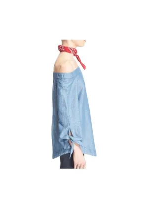 Free People Show Me Some Shoulder Chambray Top Blue Size L Minimalist Boho Beach thumbnail 9