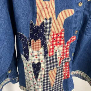Vintage Denim Cat Patchwork Shirt Size 1X Blue thumbnail 2