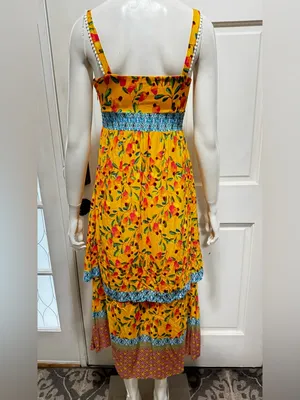 FARM Rio for Anthropologie Anjou Yellow Floral Maxi Dress with Blue Trim Size 0 thumbnail 6