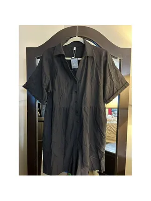NEW Button Down Linen Shorts Rompers Collared Pockets L Black Size L thumbnail 3