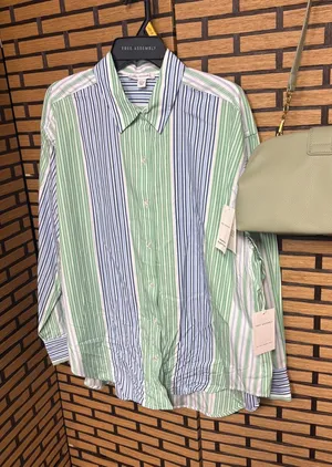 Free Assembly Blue And green Stripe Button Down Shirt Size Large And Green Purse thumbnail 1