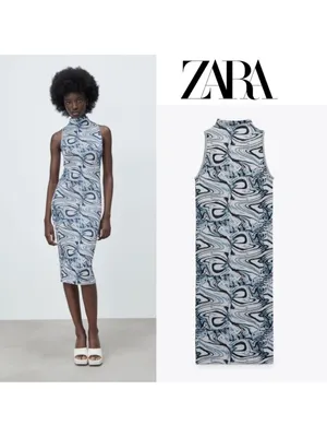 ZARA Marble-Print Sleeveless Midi Dress in Blue and White thumbnail 2
