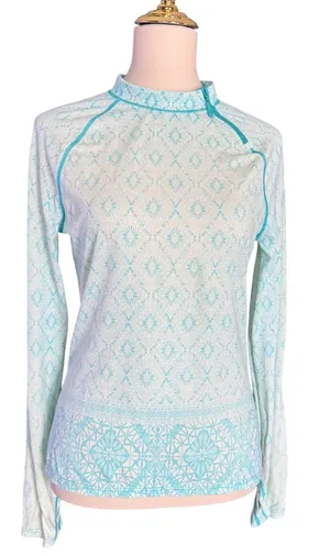 Cabana Life Women Rash Guard Long Sleeve Teal Geometric Quarter Zip Swim Top Med thumbnail 1