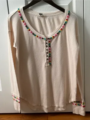 Free People Rainbow Waffle Henley in Cream thumbnail 2