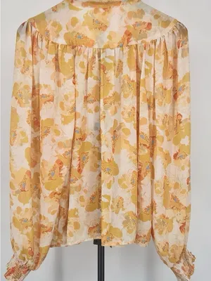 Flying Tomato Yellow Floral Tie-Neck Blouse with Button Front thumbnail 4