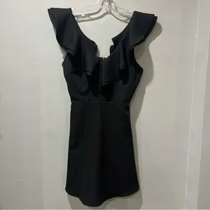 Lulus Dress Womens Small Black Ruffled Sleeves Mini Length Fit & Flare‎ Zip LBD thumbnail 2