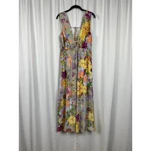 H&M Brown Purple&Pink Floral Deep V Linen&Cotton Maxi Dress Sz.M thumbnail 4