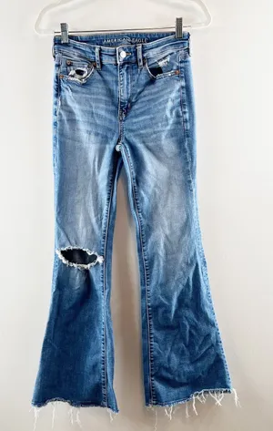 American Eagle Distressed Raw Hem Super High Rise Flare Jeans Blue 2 thumbnail 1