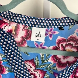 Cabi Floral V-Neck Shift Dress Sheer‎ Sleeve Blue XS 5612 thumbnail 4
