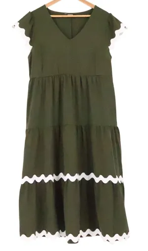 BTFBM Ric Rac Tiered Midi‎ Dress Womens Size L Olive Green Boho Cottage Pockets thumbnail 1