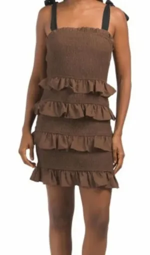Endless Rose Brown Ruffle‎ Smocked Tie Shoulder Mini Dress Size XS thumbnail 1